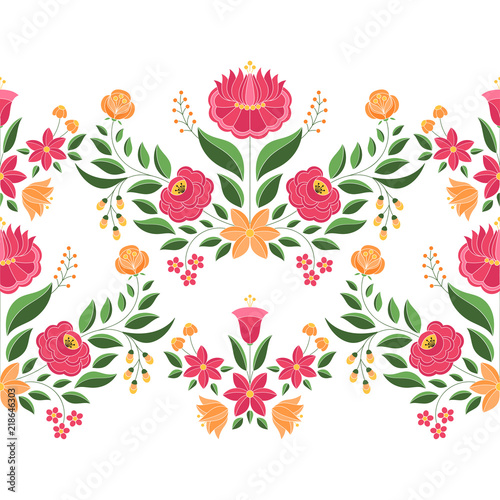 Cotton fabric Hungarian folk pattern vector seamless border. Kalocsa embroidery floral ethnic ornament. Slavic eastern european print isolated. Traditional flower design for vintage wedding invitation.