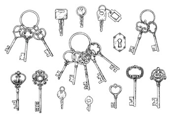 Vector set of hand-drawn antique keys. Illustration in sketch style on white background. Old design