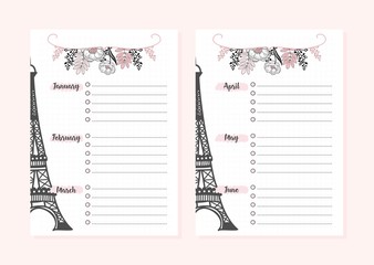 Set of pages for monthly planner for study or work.Backgrounds and inscriptions. Vector illustration