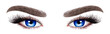 Leinwandbild Motiv Woman eyes with long eyelashes. Hand drawn watercolor illustration. Eyelashes and eyebrows. Сoncept of eyelash extensions, microblading, mascara,  beauty salon. Blue eyes.