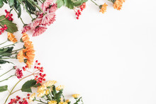 Autumn Floral Composition. Frame Made Of Fresh Flowers On White Background. Autumn, Fall Concept. Flat Lay, Top View, Copy Space