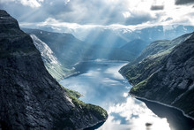 Beautiful Fjord In Norway With Amazing Sun Rays. View From The Top