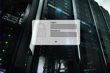 Server room, login and password request, data access and security.