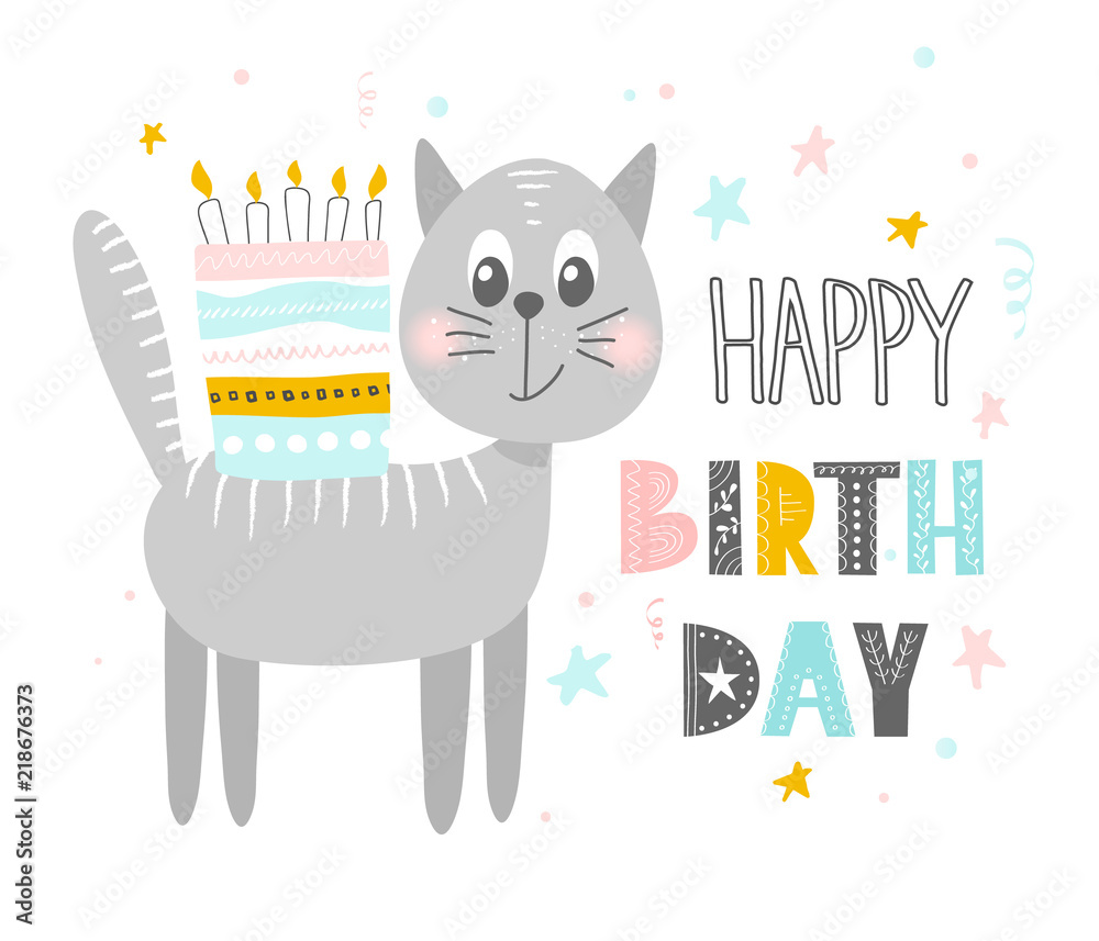 cute-cat-with-cake-happy-birthday-greeting-card-banner-poster-scandinavian-style-flat-design-concept-for-children-print-vector-illustration-stock-vector-adobe-stock for Free Printable Cat Birthday Banner Cute cat with cake .Happy birthday. Greeting card, banner, poster. Scandinavian style flat design. Concept for children print. Vector illustration. Stock Vector | Adobe Stock for Free Printable Cat Birthday Banner