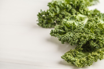 Wall Mural - Fresh green leaves of kale on white background.