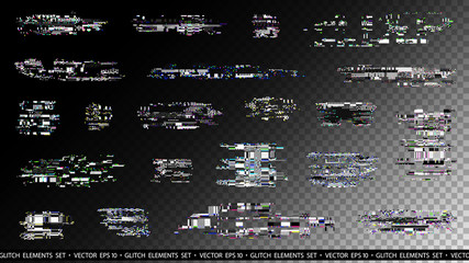 Fototapete - Glitch elements set. Computer screen error templates. Digital pixel noise abstract design. Poster design pixel details. Glitches collection. TV signal fail. Data decay. Technical problem grunge.