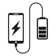 Simple, flat smartphone being charged icon. Battery charging icon. Black silhouette design. Isolated on white