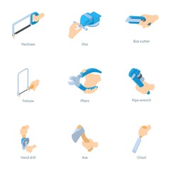 Poster - Working instrument icons set. Isometric set of 9 working instrument vector icons for web isolated on white background