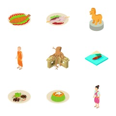 Poster - Indonesian life icons set. Isometric set of 9 Indonesian life vector icons for web isolated on white background