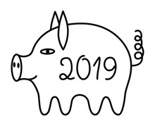 The Pig Is A Symbol Of 2019. Year Of The Yellow Pig. Vector Black And White Drawing.