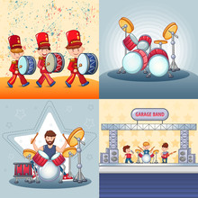 Drummer Rock,musician Band Banner Concept Set. Cartoon Illustration Of 4 Drummer Rock,musician Band Vector Banner Concepts For Web