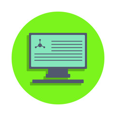 Poster - colored chemical report in monitor in green badge icon. Element of science and laboratory for mobile concept and web apps. Detailed chemical report in monitor icon