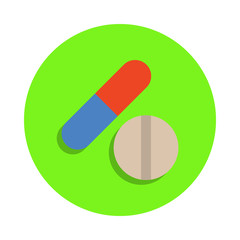 Poster - colored medicines in green badge icon. Element of science and laboratory for mobile concept and web apps. Detailed medicines icon