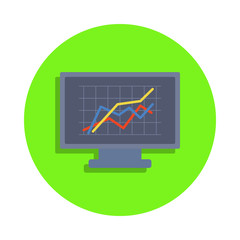 Poster - colored graph on the monitor screen in green badge icon. Element of science and laboratory for mobile concept and web apps. Detailed graph on the monitor screen icon