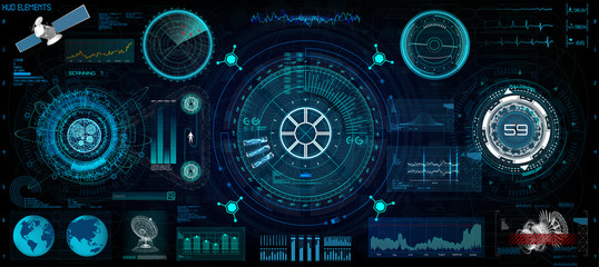 Wall Mural - Head-Up Interface set for GUI, UI, UX design. HUD style, Technology elements set (space, dashboard, hologram, spaceship, medicine, finance, analytics) View from the cockpit spaceship HUD UI style 