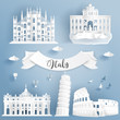 Paper cut of world famous landmark elements of Italy, building and architecture. Vector illustration.