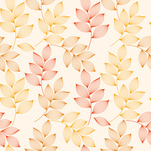 Red And Yellow Autumn Leaves With Veins Seamless Pattern, Vector