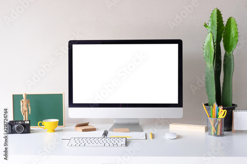 Stylish Table Mockup Pc Computer On White Office Desk And Designer