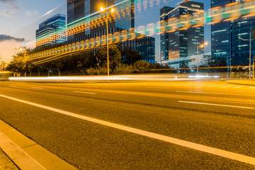 the light trails on the modern building background.