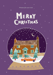 Wall Mural - merry christmas, nice card for congratulations happy new year, christmas glass ball with snow, city, street, house, fur-trees, car