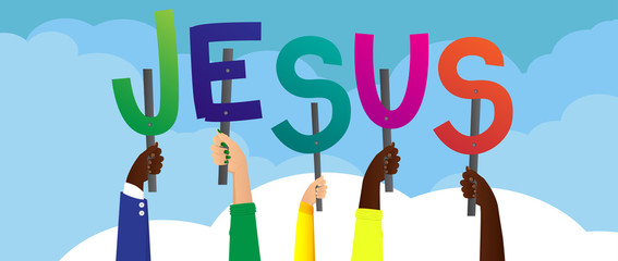 Wall Mural - Diverse hands holding letters of the alphabet created the word Jesus. Vector illustration.