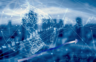  Double exposure of stock graph market exchange data trend of graph, candle stick chart with night city background .3D illustration