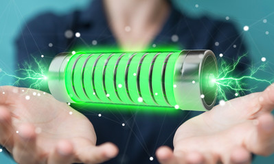 Aufkleber - Businessman using green battery with lightnings 3D rendering