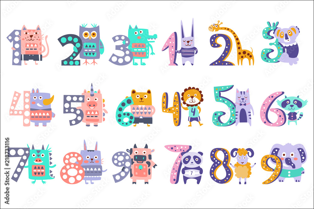 Stylized Funky Animals Standing Next To Digits Sticker Set Stock Vector ...