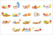 Different Breakfast Food And Drink Sets. Collection Of Morning Menu Plates Illustrations In Detailed Simple