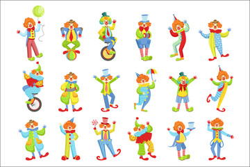 Canvas Print - Set Of Colorful Friendly Clowns In Classic Outfits