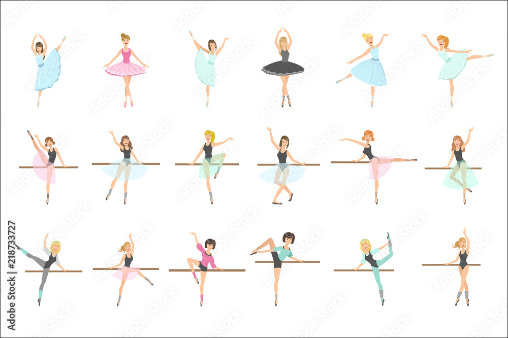 Ballerinas Training In Dance Class Set Of Flat Simplified Childish Style Cute Vector Illustrations Isolated - obrazy, fototapety, plakaty 