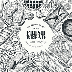 Wall Mural - Bakery top view frame. Hand drawn vector illustration with bread and pastry. Retro design template. Can be use for menu, packaging.