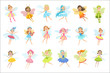 Cute Fairies In Pretty Dresses Girly Cartoon Characters Set