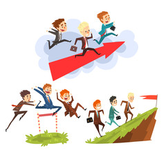 Sticker - Businessmen overcoming obstacles together to achieving the goals, teamwork, business, career development concept vector Illustration isolated on a white background