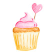 Watercolor hand drawn cupcake with heart decoration. Delicious food illustration, isolated on white background.