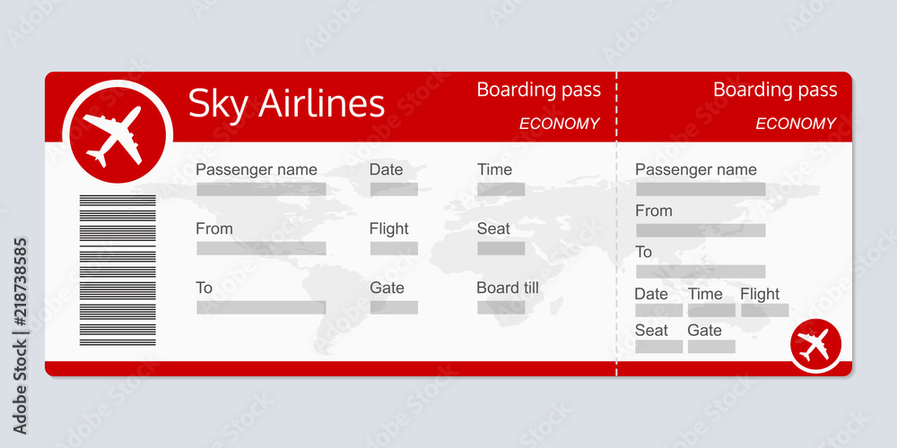 Plane ticket template. Airplane flight ticket realistic blank. Boarding pass. Vector illustration. - obrazy, fototapety, plakaty 
