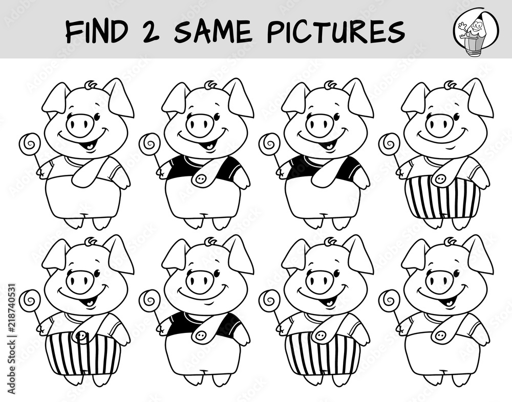 Vector de Stock Funny little pig with lollipop. Find two same pictures ...