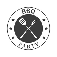 Wall Mural - BBQ party icon or stamp. Barbecue logo with fork and spatula. Vector illustration.