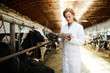 © pressmaster - Young woman in whitecoat standing by cow stable and searching for data about livestock in the net