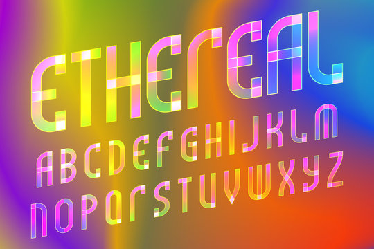 Ethereal letters alphabet. Sloping translucent font. Isolated english alphabet on iridescent background.