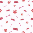 Seamless vector pattern with cartoon bones, bowls and dog or cat paws. Cute modern pattern with pink elements on the light pink background. Nice pet background for cover, web, textile and poster