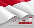 Festive illustration of Independence day of Indonesia. National traditional holiday celebrated on August 17. Background with realistic waving indonesian flag. Indonesian patriotic vector greeting card