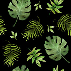 Wall Mural - Seamless hand drawn  tropic pattern on black background