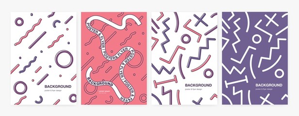 Poster - Collection of vertical backgrounds or backdrops with abstract geometric shapes, curved and zigzag lines. Set of poster, flyer or card templates. Colorful vector illustration in trendy style.