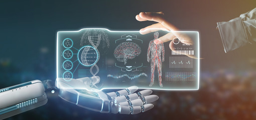 Poster - cyborg hand holding a futuristic template medical interface hud 3d rendering