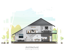 House Cross Section With Furniture And Peaceful Landscape Background , Vector , Illustration