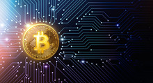 Golden Bitcoin On Circuit Board