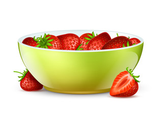 Sticker - Bowl of strawberries. Realistic berries and bowl vector illustration