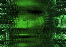 Hacker Face On Green Binary Codes Background. 
Human Ruined Face With Cracks, Smeared With Binary Codes Symbolizing Cybercrime. 