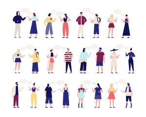 Poster - Collection of people talking to each other. Bundle of men and women with speech balloons isolated on white background. Set of male and female cartoon characters. Flat colorful vector illustration.